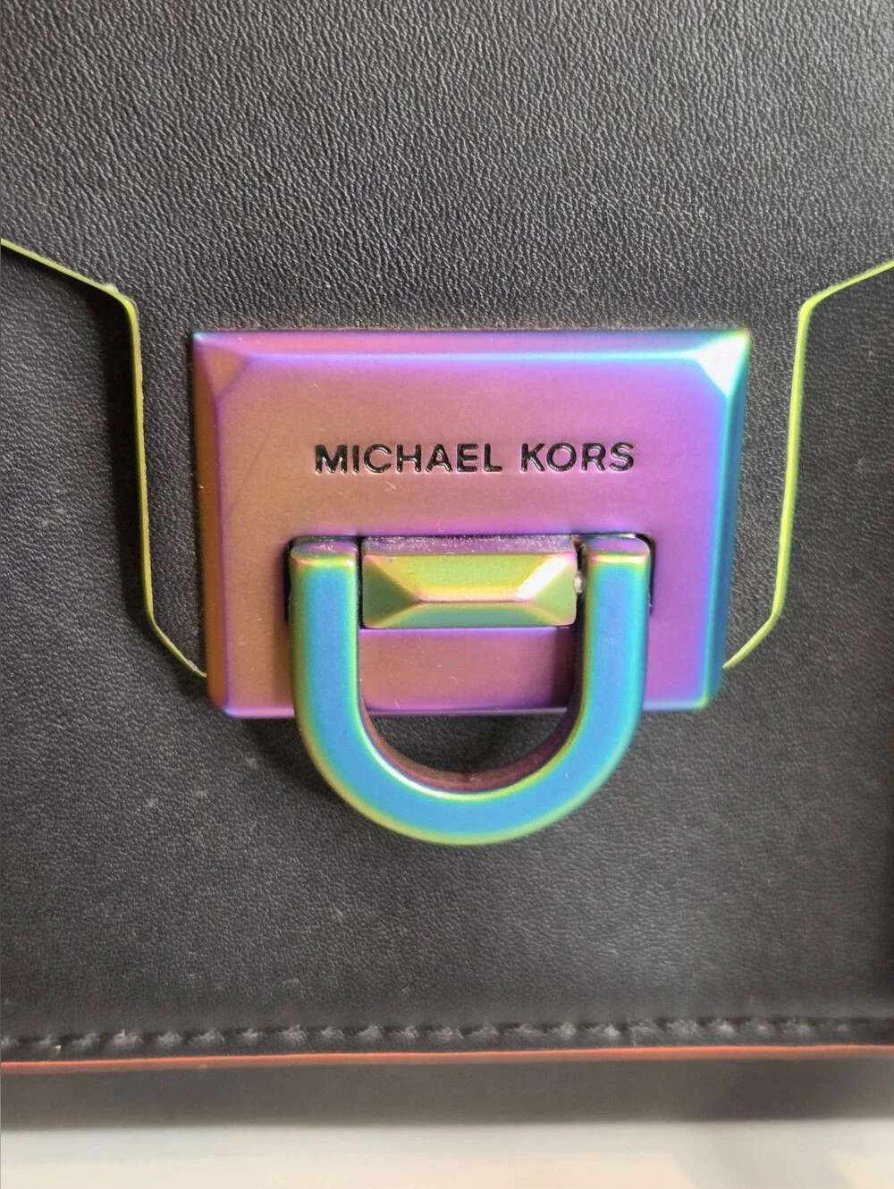 Michael Kors Manhattan Medium Black Leather Satchel Neon Oil Slick